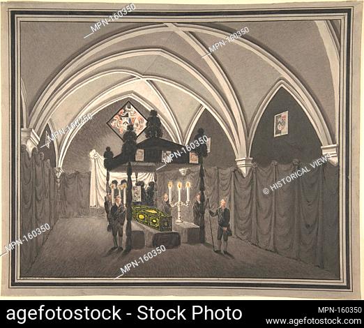 Vaulted Interior with Catalfalque, Coffin and Attendants. Artist: Robert Mackreth (British, 1766-1860); Date: 1822; Medium: Brush and gray and black ink with...