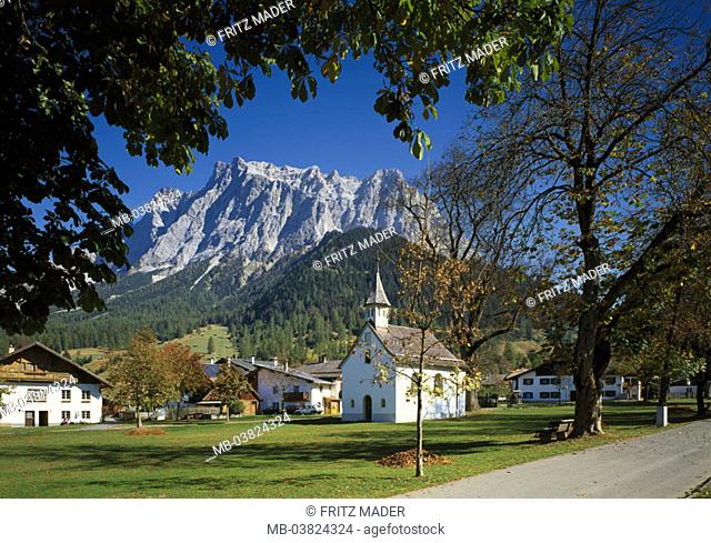 Austria, Tyrol, Ehrwald, skyline,  Church, Zugspitze,   Europe, Alps, weather stone mountains, mountains, mountains, Zugspitzmassiv, place, houses, residences
