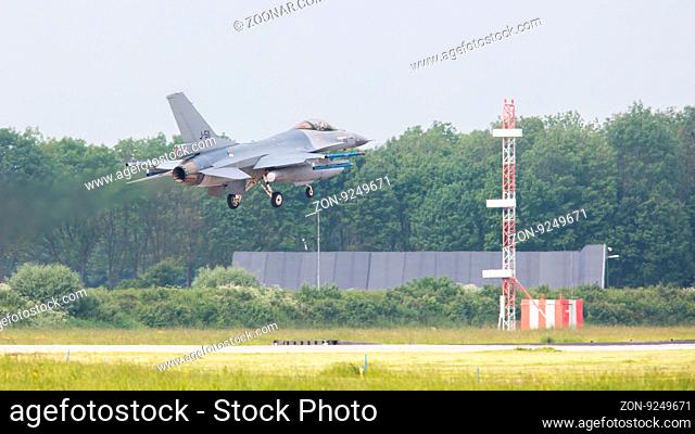 LEEUWARDEN, THE NETHERLANDS -MAY 26: F-16 fighter during a comparisontest with a F-35 in Europe on May 26, 2016 in Leeuwarden
