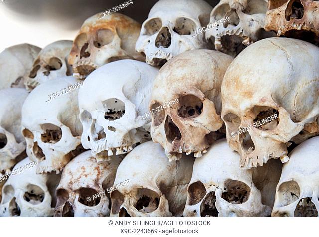 Skulls Displayed inside the Killing Fields ( Choeung Ek ) Memorial Site in Phnom Penh, Cambodia