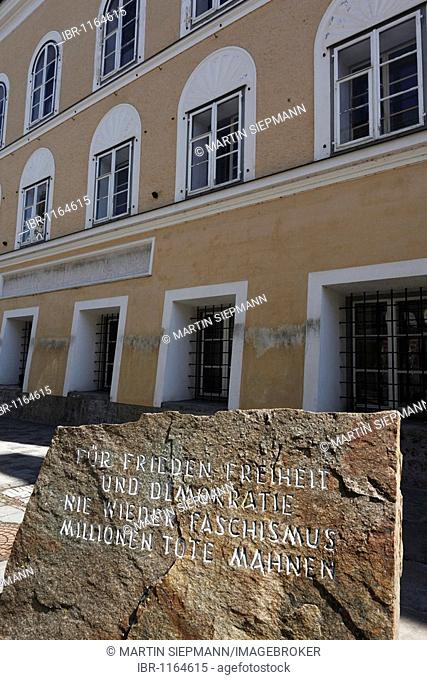 Memorial in front of Hitler's birthplace, Braunau am Inn, Innviertel, Upper Austria, Austria, Europe