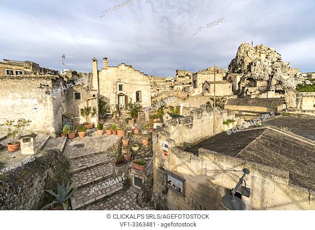 High angle view of the old Sassi Quarter with Sasso Caveoso in the background. Matera, Basilicata region, Italy