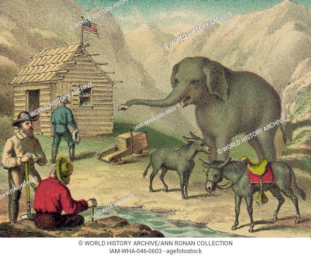 American woodsmen in the rocky mountains, prospecting for gold with an elephant and two mules. 1850