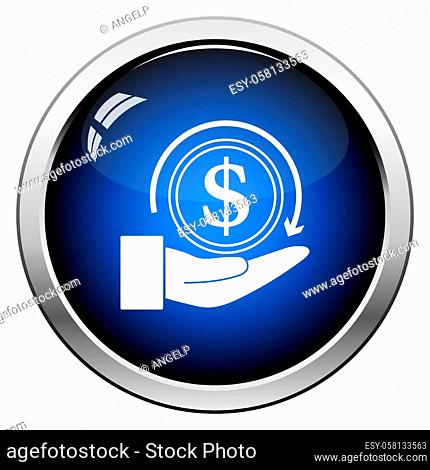 Cash Back Coin To Hand Icon. Glossy Button Design. Vector Illustration