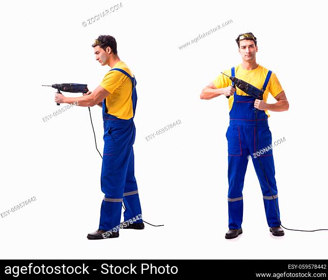 Contractor employee with hand power drill on white background