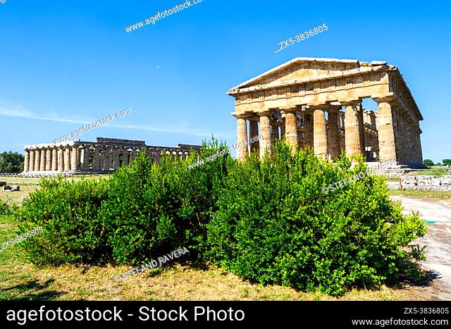 The Greek doric style temple of Neptune and the Temple of Hera - Archaeological Area of Paestum - Salerno, Italy