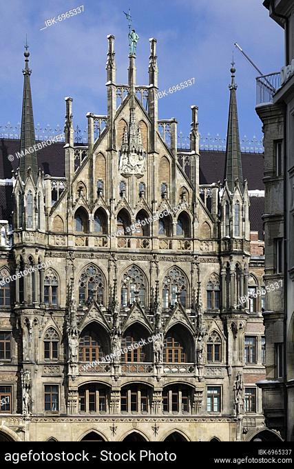 Neo-Gothic facade New Town Hall, snow-covered in winter, Munich, Upper Bavaria, Bavaria, Germany, Europe