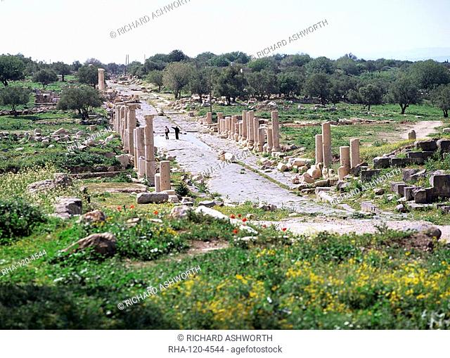 Looking west along Decumanus Maximus, main street of Umm Qais ancient Gadara, a city of the Roman Decapolis, north of Irbid, Jordan, Middle East