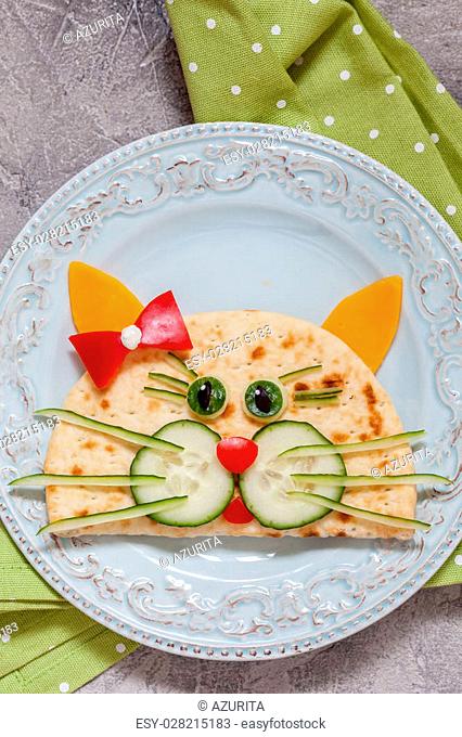 Funny breakfast for kids with cat shape sandwich