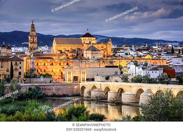 Cordoba, Spain at the Roman Bridge and Town Skyline on the Guadalquivir River