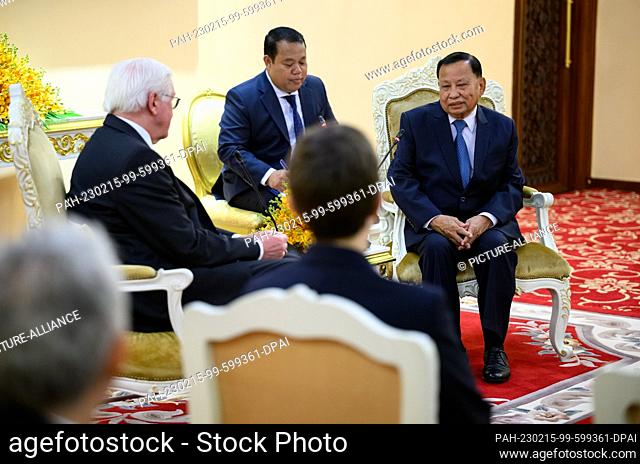 15 February 2023, Cambodia, Phnom Penh: German President Frank-Walter Steinmeier (l) and Say Chhum (r), acting Head of State and President of the Senate of...