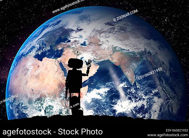 Robot looking on the planet Earth from space. Future technology concept, artificial intelligence. 3D rendering. Elements of this image furnished by NASA