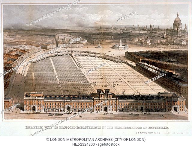 Smithfield Market, City of London, 1851. Isometric view of the proposed improvements to the area around Smithfield Market
