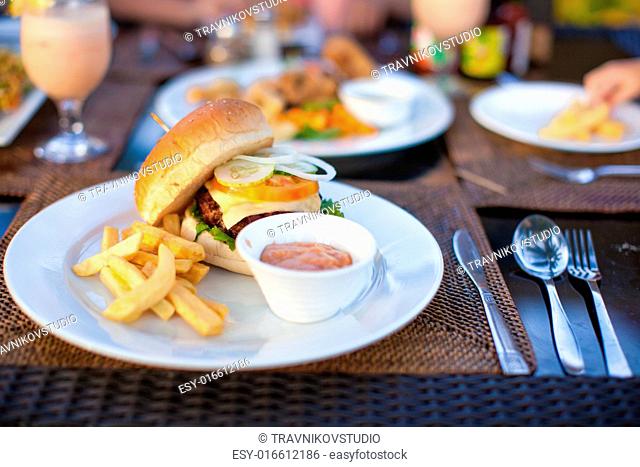 Burger and fries on white plate for lunch
