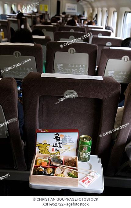 bento, picnic tray in express Shinkansen train Japan
