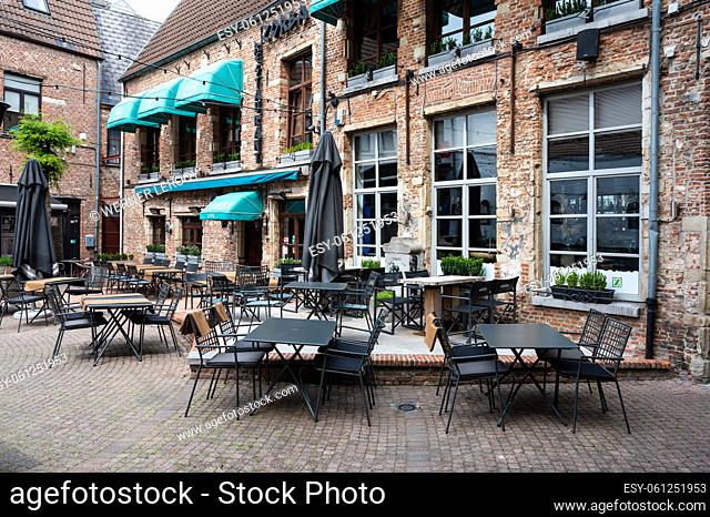 Mechelen, Antwerp Province, Belgium - 06 04 2022 - Terraces and facade of the Greek restaurant Zorba