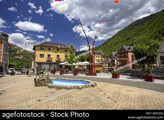Les town hall square on a summer afternoon, in the Aran Valley (Lleida, Catalonia, Spain, Pyrenees)