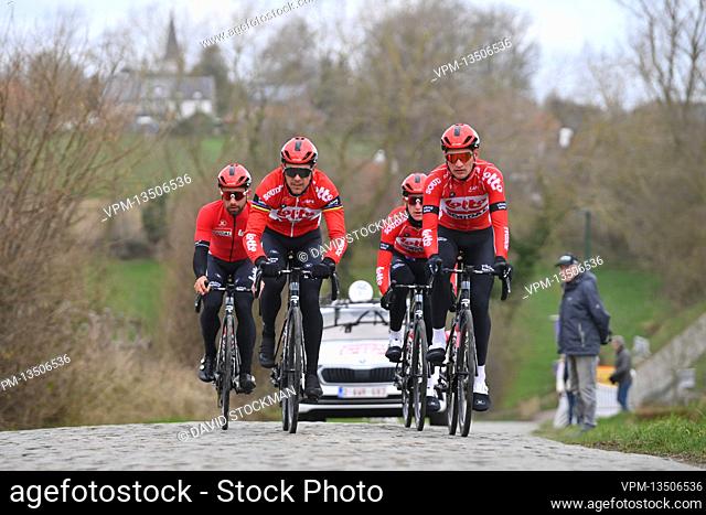 Belgian Victor Campenaerts of Lotto Soudal, Belgian Philippe Gilbert of Lotto Soudal and Belgian Brent Van Moer of Lotto Soudal pictured in action during the...