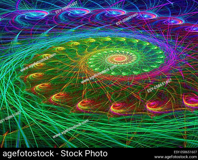 Colored spiral of bright, chaotic interlaced lines -abstract computer-generated image. Fractal geometry pattern for desktop wallpaper, covers, posters
