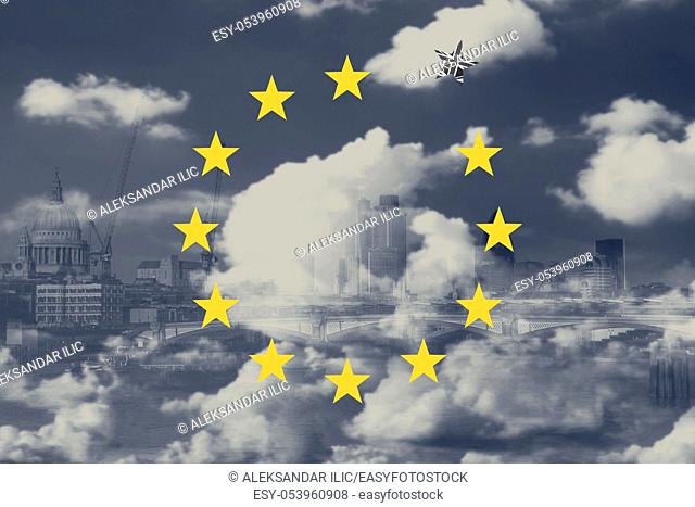 Brexit Concept. Great Britain Departing European Uniun. EU Flag Against London City Background