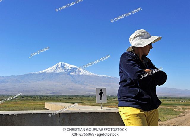 toilet attendant, Khor Virap Monastery, Ararat plain, Mount Ararat in the background, Artashat, Armenia, Eurasia