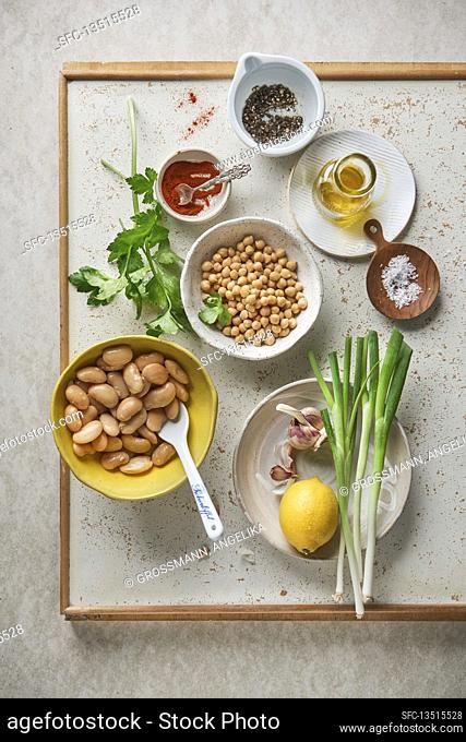 Ingredients for vegan white bean and chickpea salad