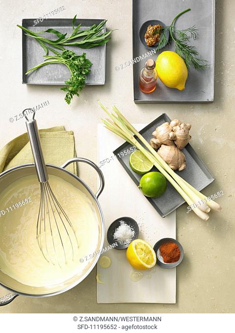 Hollandaise sauce and assorted ingredients