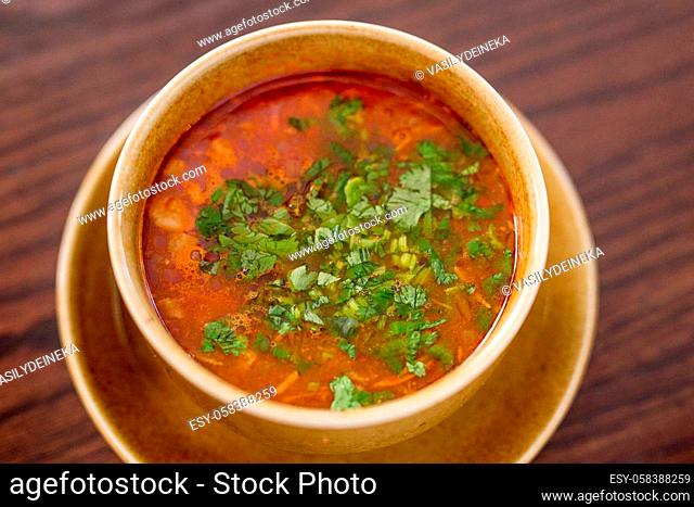 Hot soup with meat and vegetables. Traditional Russian meat soup - Solyanka. Concept - menu for a restaurant