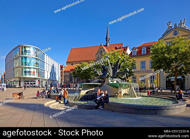 Ursuline monastery and new Anger fountain at Anger in Erfurt, Thuringia, Germany
