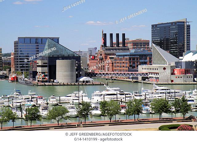 Maryland, Baltimore, Federal Hill Park, Inner Harbor, Patapsco River, port, waterfront, skyline, aquarium, attraction, building, marina, boat, yacht, view