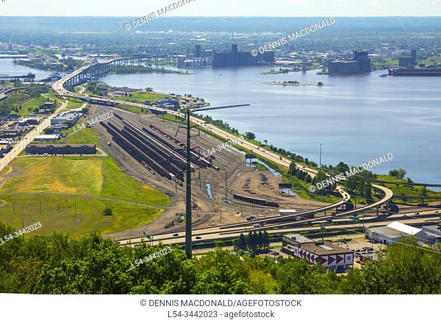 John A. Blatnik Bridge I-535 Saint Louis River Highway Crossing Duluth, MN with rail yard in foreground