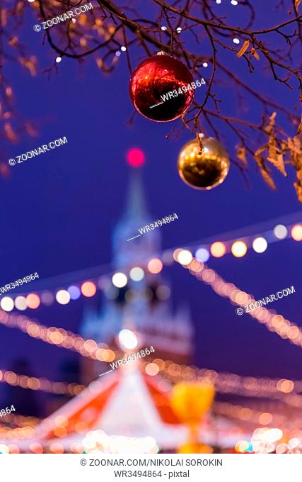 New Year and Christmas installation on Red square in Moscow Russia - holiday background