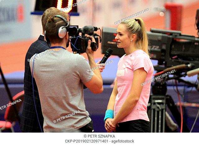 Amalie Svabikova (CZE) gives an interview to Czech Television as she won the women's pole vault within the Czech Indoor Gala