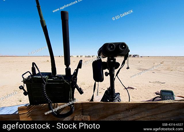 Radio for communicating with attack aircraft and binoculars for viewing targets at Yodaville, Barry M. Goldwater Air Force Range, Arizona, USA