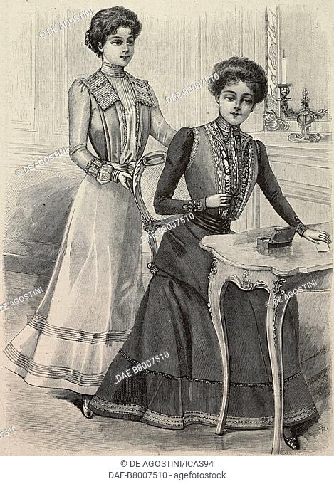 Young women wearing house dresses for girls aged 14-16, models by Madame Sauveur, engraving from La Mode Illustree, No 28, July 14, 1901