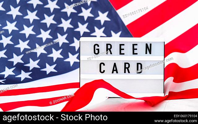 American flag. Lightbox with text GREEN CARD Flag of the united states of America. July 4th Independence Day. USA patriotism national holiday