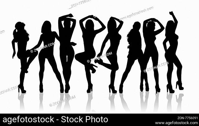 Group of silhouette girls dancing on the white background