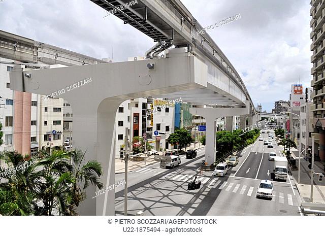 Naha, Okinawa, Japan, view of the city in Asato neighborhood, by the monorail track