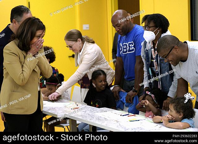 United States Vice President Kamala Harris greets children at the art class as she visits the National Museum of African American History and Culture to mark a...