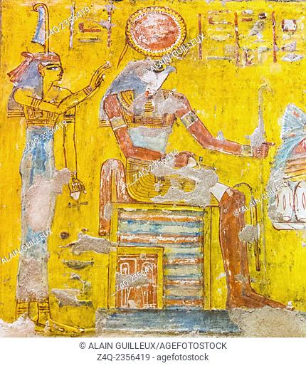 UNESCO World Heritage, Thebes in Egypt, Valley of the Nobles, tomb of Neferronpet. The god Horakhty (Horus of the 2 lands) seats on a throne