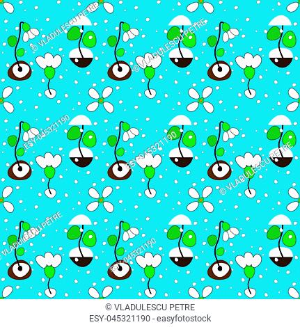 pattern with snowdrops and snowflakes on blue background