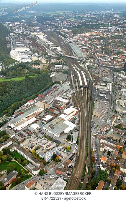 Aerial view, central railway station, Hagen, Ruhrgebiet region, North Rhine-Westphalia, Germany, Europe