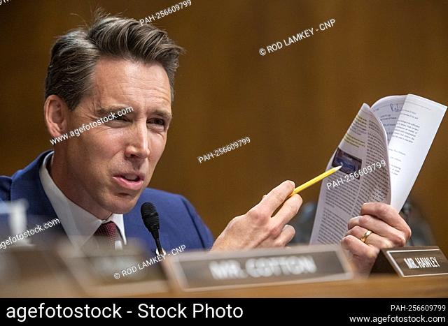 United States Senator Josh Hawley (Republican of Missouri) is intense and emotional with his questioning of Beth Robinson as she appears before a Senate...