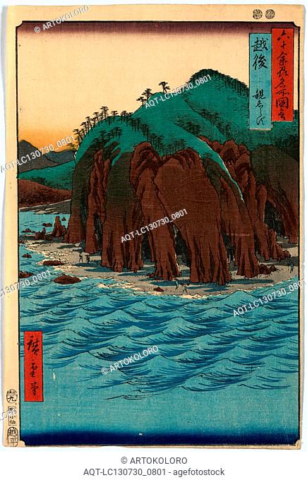 Echigo, Ando, Hiroshige, 1797-1858, artist, 1853., 1 print : woodcut, color ; 35.9 x 24.2 cm., Print shows cliffs and caves on the coastline with people walking...