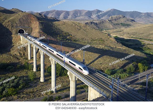view of a high-speed train crossing a viaduct in Purroy, Zaragoza, Aragon, Spain. AVE Madrid Barcelona