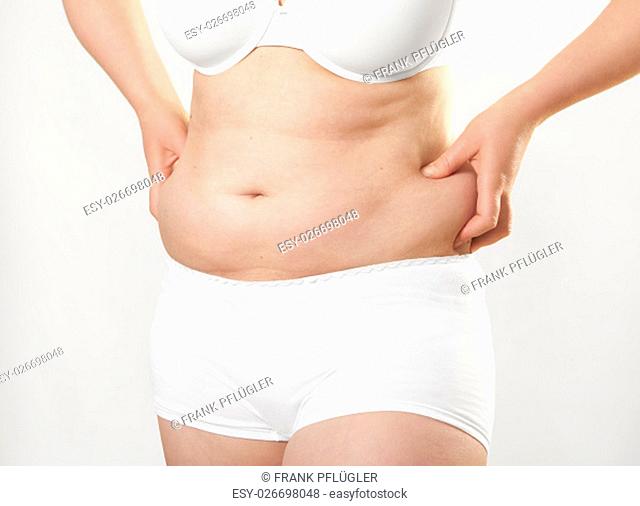 woman in underwear holding her big belly, no face