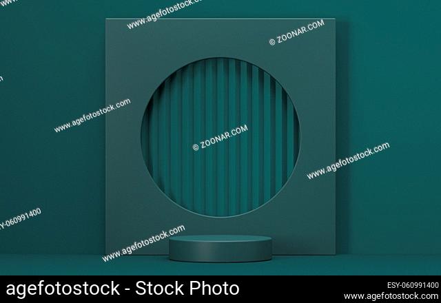 Mock up podium for product presentation circle with stripes pattern 3D render illustration on green background