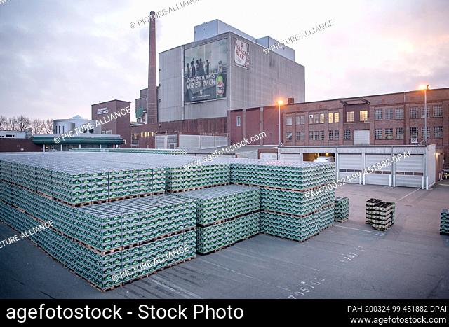 17 March 2020, Bremen: Crates of Beck's and Haake-Beck beer are standing in front of the brewery Beck & Co. Photo: Sina Schuldt/dpa