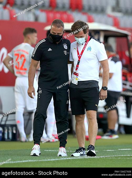Hansi Flick coach head coach of FC Bayern Munich with Andre Villas-Boas head coach of Olympique Marseille test match Audi Football Sumwith FC Bayern Munich -...