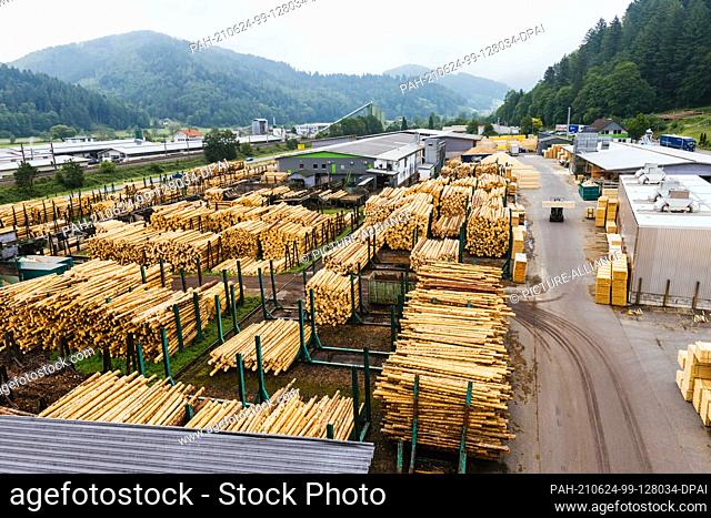 PRODUCTION - 07 June 2021, Baden-Wuerttemberg, Hausach: Debarked tree trunks lie on the log yard on the premises of a sawmill while a forklift truck transports...